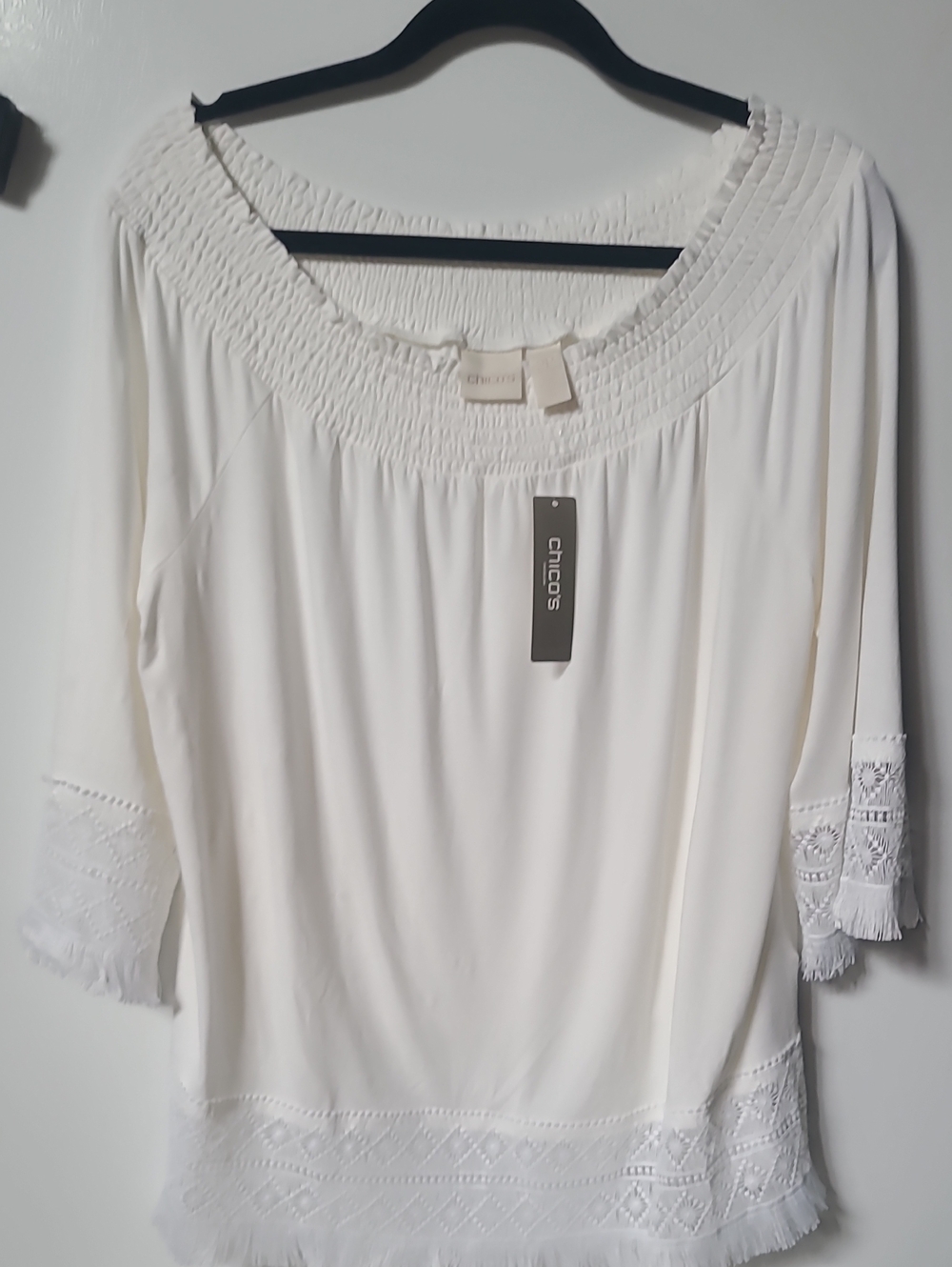 Chico's White Smocked Neck Crochet-Trim Peasant Blouse